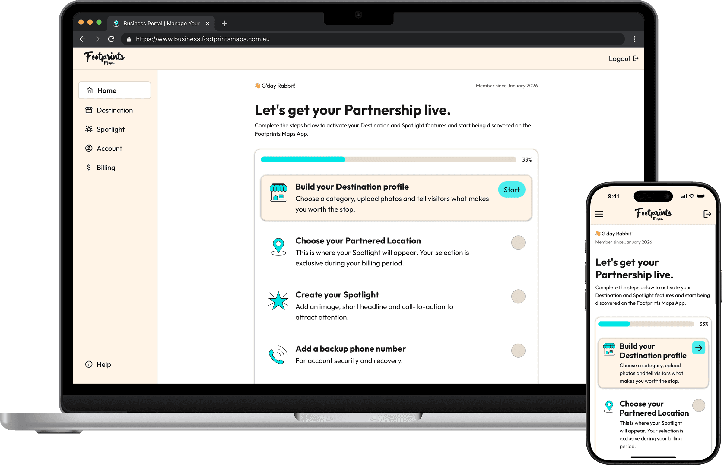 Screenshot of the Footprints Maps Business Portal onboarding flow