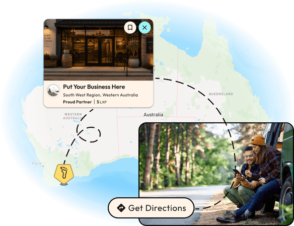 Footprints Maps partner discovery illustration with map, listings, and travellers planning a trip.